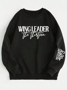 SHEIN EZwear Của phụ nữ Kích thước lớn Thả vai Áo nỉ Với In thư - màu đen - Xem 3