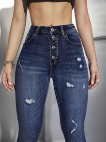 SHEIN ICON Brushed Skinny Pants With Button Fastening - Medium Wash - View 5