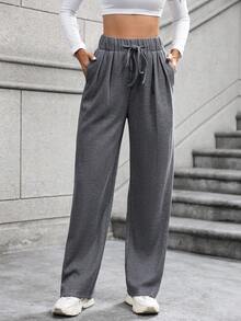 SHEIN Unity Women's Solid Color Drawstring Waist Trousers - Light Grey - View 5