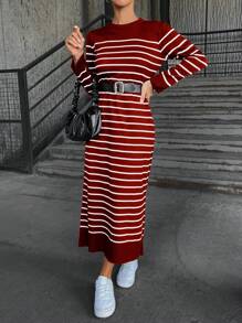 Cloudara Striped Long Sleeve Round Neck Sweater Dress - Red - View 3