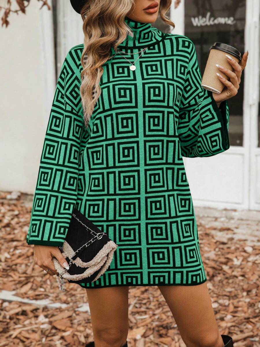 SHEIN LUNE In Hình học Cổ cao Thả vai Tay áo dài Đầm Áo len - màu xanh lá - Xem 1