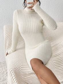 SHEIN Frenchy 高領長袖毛衣連衣裙 - 米色 - 查看 6