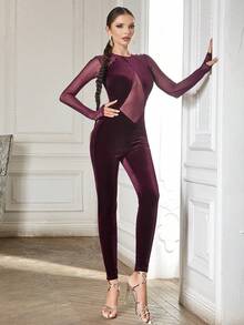 長袖網布插入性感天鵝絨連身連身褲 - 酒紅色 - 查看 3