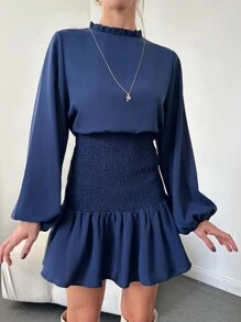 RueChic Vestido De Manga Lanterna Com Detalhe De Franzido E Bainha Com Babado Para Mulheres - Azul Real - Ver 1