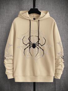 Manfinity RebelGame 男式蜘蛛网印花连帽衫，配有抽绳和保暖衬里 - 卡其色 - 查看 1
