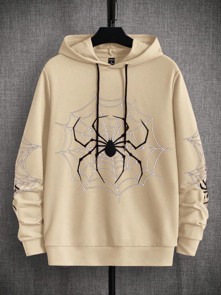 Manfinity RebelGame 男式蜘蛛网印花连帽衫，配有抽绳和保暖衬里 - 卡其色 - 查看 1