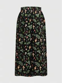ROMWE Fairycore 大尺碼蘑菇和植物印花開叉下擺半身裙 - 黑色 - 查看 2