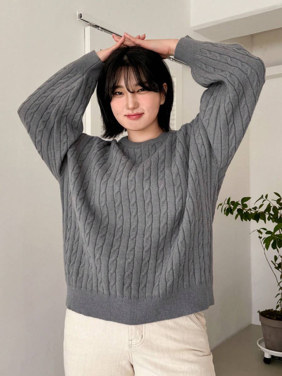 Dazy Petite Plus NỮ Màu thuần Vòng cổ Tay áo dài Áo chui đầu Áo len - Xám - Xem 1