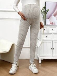 SHEIN 孕婦純色針織條紋彈力褲,可調節腰圍 - 杏色 - 查看 6