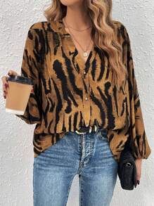 SHEIN Clasi Tiger Striped Print Lantern Sleeve Blouse - Multicolor - View 4