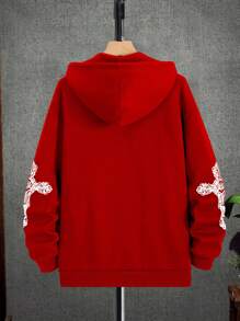 Manfinity EMRG Men's Loose Fit Hooded Jacket With Cross Print And Thermal Lined , Zipper Closure - Red - View 2