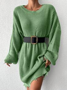 EURMUSE Drop Shoulder Distressed Jumper Without Belt - Green - View 3