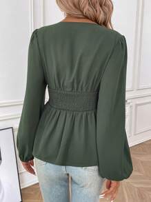 SHEIN LUNE Women's Lantern Sleeve Shirt With Ruffled Hemline - Army Green - View 2