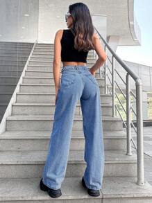 SHEIN Cottnline High Waisted Straight Leg Jeans, Washed - Blue - View 2