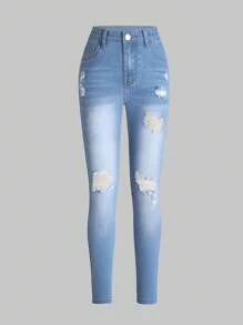 青少女新款破洞漂洗斜口袋牛仔褲 - 中等水洗藍 - 查看 1