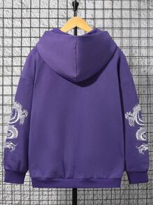 SHEIN 青少年男孩休閒舒適龍圖騰印花連帽運動衫 - 紫色 - 查看 2