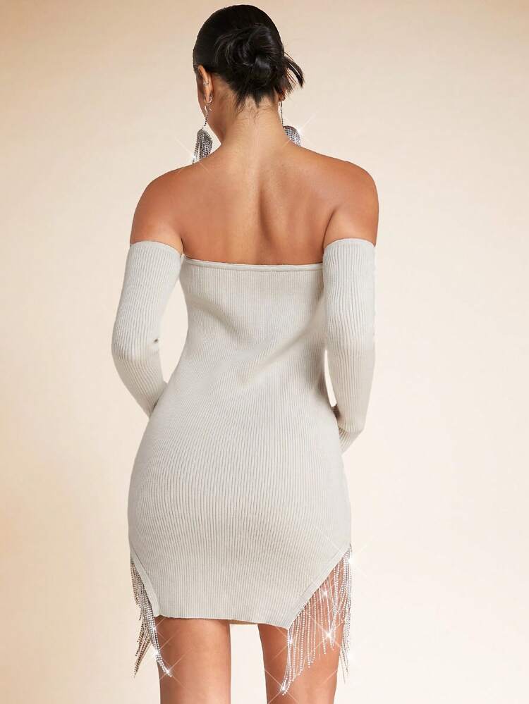 Women's High Split Sleeveless Knitted Dress With Rhinestone & Tassel Detailing And Arm Sleeves