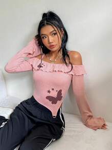 SHEIN MOD Women Butterfly Print Open Shoulder T-Shirt - Pink - View 6