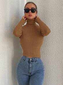 Cloudara High Neck Ribbed Knit Jumper - Brown - View 5