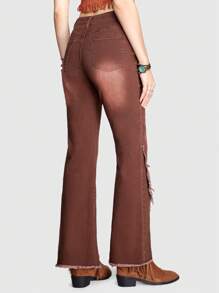 ROMWE Hippie 女士磨邊開叉喇叭牛仔褲 - 咖啡棕 - 查看 6