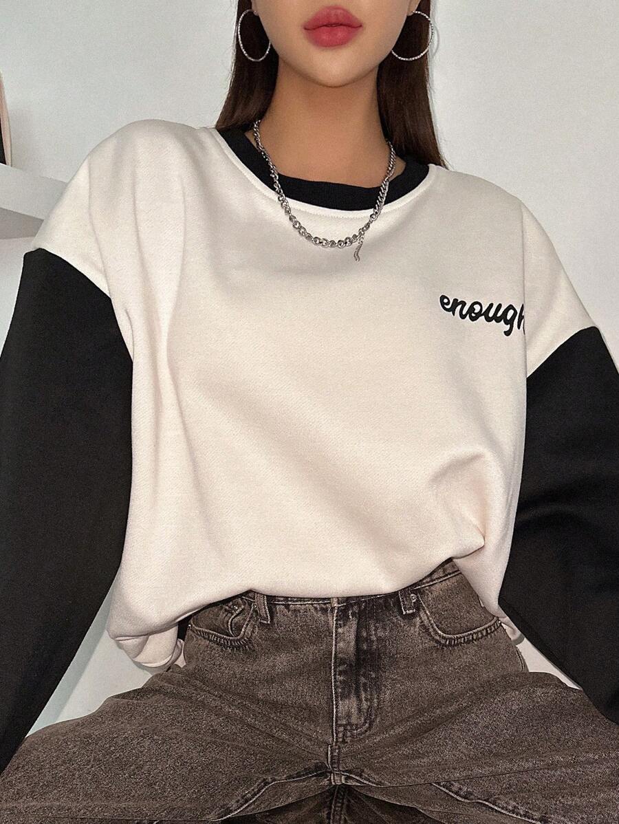 DAZY Khối màu In thư Thả vai Áo nỉ - Đen và trắng - Xem 1