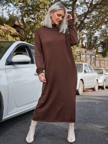 SHEIN LUNE 女裝純色腰帶毛衣連衣裙 - 咖啡棕 - 查看 3