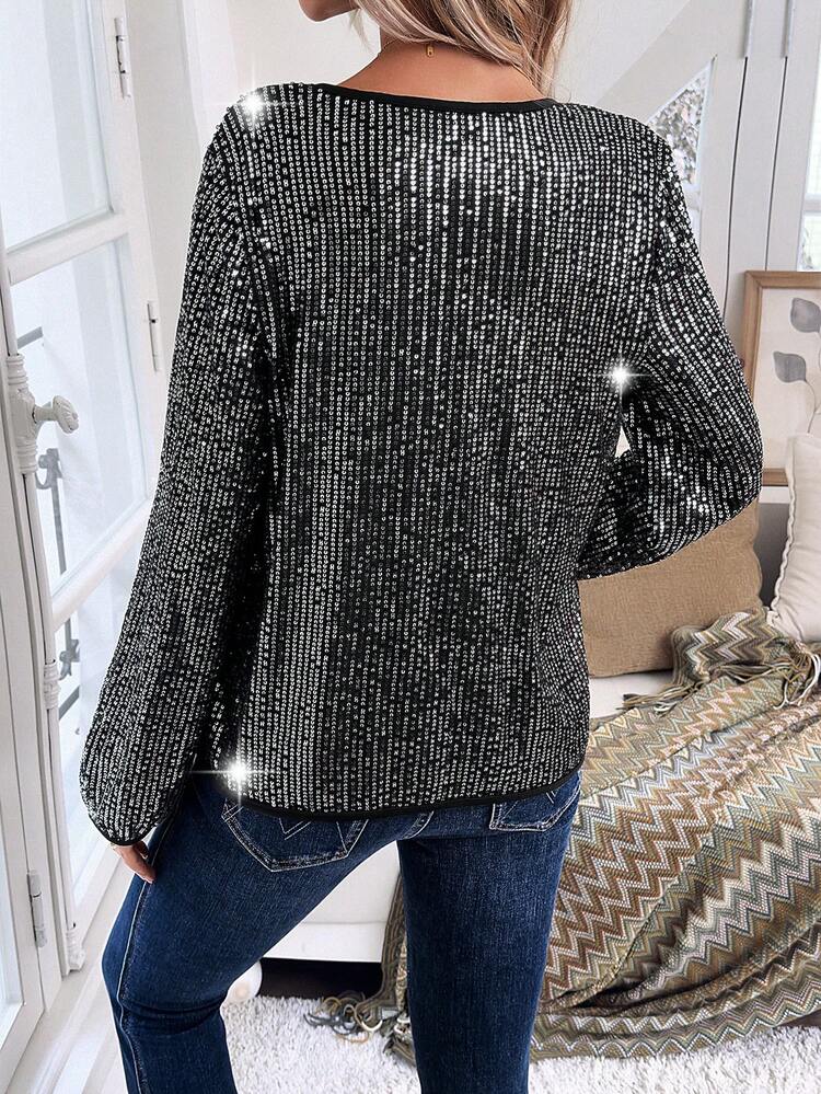 V-Neck Long Sleeve Sparkly Shirt Party Top For Women Fall Cloth For Women