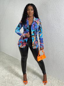 Slaydiva 女式印花流麵西裝外套,單排釦設計 - 彩色 - 查看 5