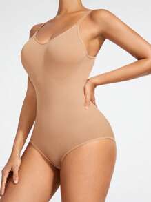 SHAPORA 純色吊帶造型塑身連體衣 - 杏色 - 查看 4