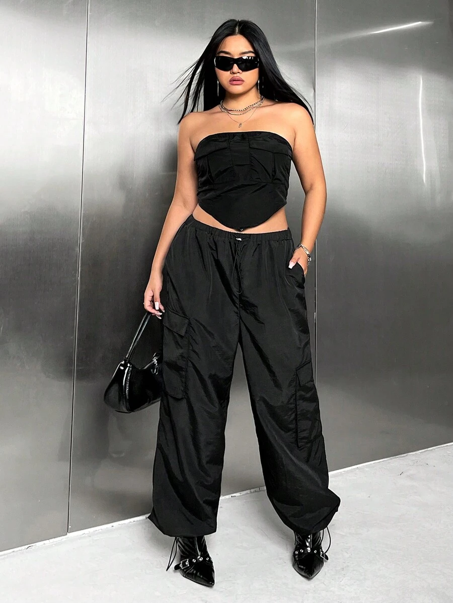 SHEIN ICON Conjunto De Calça E Top Sem Alças De Cor Sólida Plus Size - Preto - Visão 1
