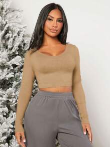 SHEIN SXY 女士修身v領短袖上衣 - 卡其色 - 查看 1