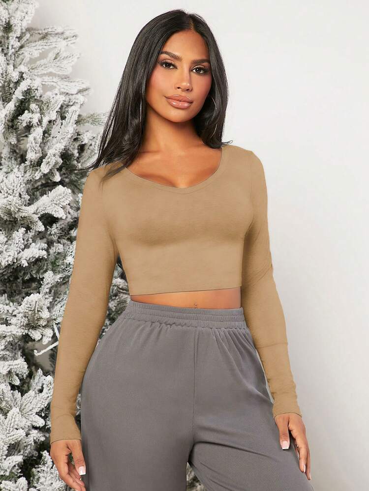 SHEIN SXY Women's Cropped V-neck T-shirt - Khaki - View 1