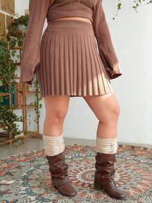 ROMWE PUNK Women's Plus Size Solid Color Pleated Sweater Skirt - Brown - View 5