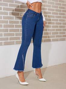 SHEIN Privé 帶剪邊裝飾的喇叭褲 - 深色水洗藍 - 查看 4