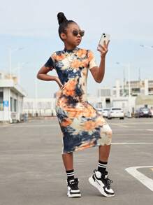 SHEIN 少女服休閒針織水洗立領連衣裙,適合假日穿著