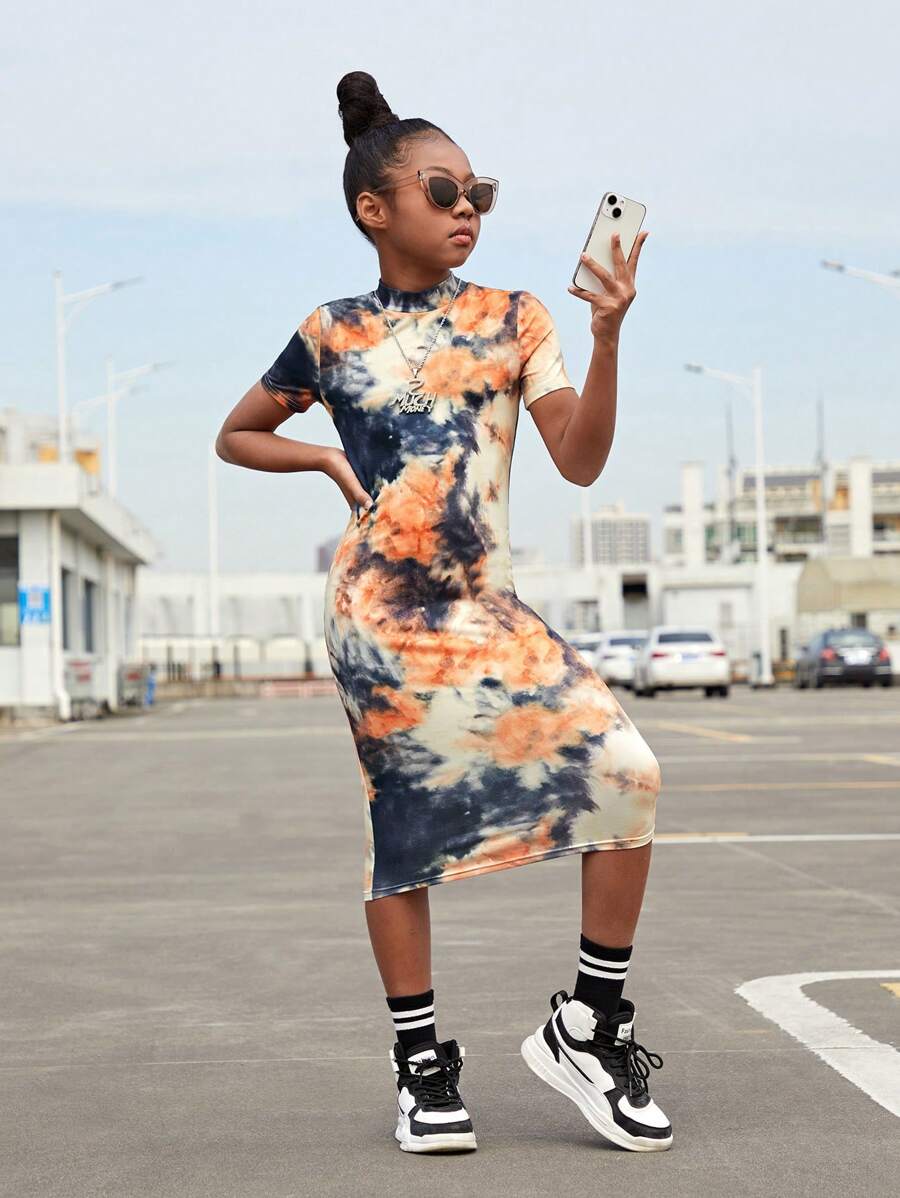 SHEIN 少女服休閒針織水洗立領連衣裙,適合假日穿著