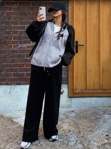 DAZY 女式秋季五角星图案插肩袖拉链前开连帽运动衫，休闲保暖内衬 - 灰色 - 查看 5