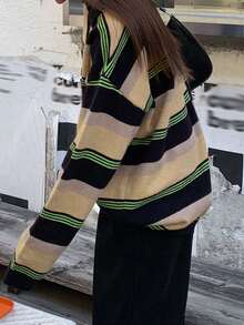 DAZY 女用條紋 Polo 領毛衣 - 卡其色 - 查看 7