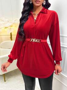 落肩袖弧形下擺腰帶襯衫 - 紅色 - 查看 5