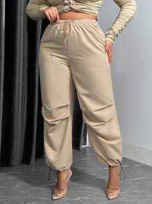 SHEIN SXY 女士加大號純色拉繩腰帶和錐形腳運動長褲 - 卡其色 - 查看 1