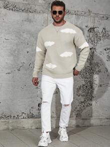 Manfinity Homme Men's Plus Size Cloud Pattern Printed Round Neck Pullover Sweater - Apricot - View 4