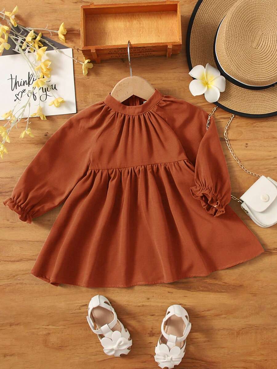 SHEIN Em bé Cô gái Màu thuần Tay áo xù Đầm - Rỉ Nâu - Xem 1