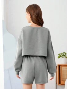 Girls' Knitwear Solid Color Letter Pattern Loose Round Neck Top With Knit Loose Shorts Set - Light Grey - View 2