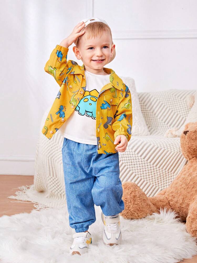 Baby Boys' Casual Cute Dinosaur Pattern Collared Jacket Short Sleeve T-shirt And Jeans Set, Summer