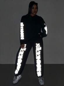 SHEIN Coolane 夜光字母運動衫和運動褲兩件套 - 黑色 - 查看 5