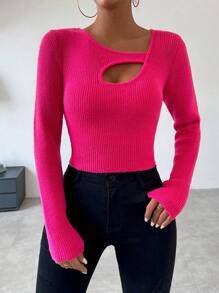 Chiquease 女士不对称领口镂空毛衣 - 玫紅色 - 查看 3