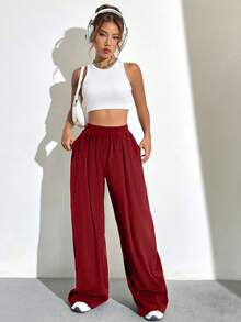 SHEIN Unity Pantalones De Piernas Anchas De Color Sólido Para Mujer - Rojo - Ver 5