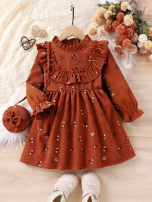 SHEIN Nhỏ bé Cô gái In hoa Đầm Với Ren Chi tiết Và Phù hợp Cái túi Đã Bao gồm - Cà phê - Xem 3