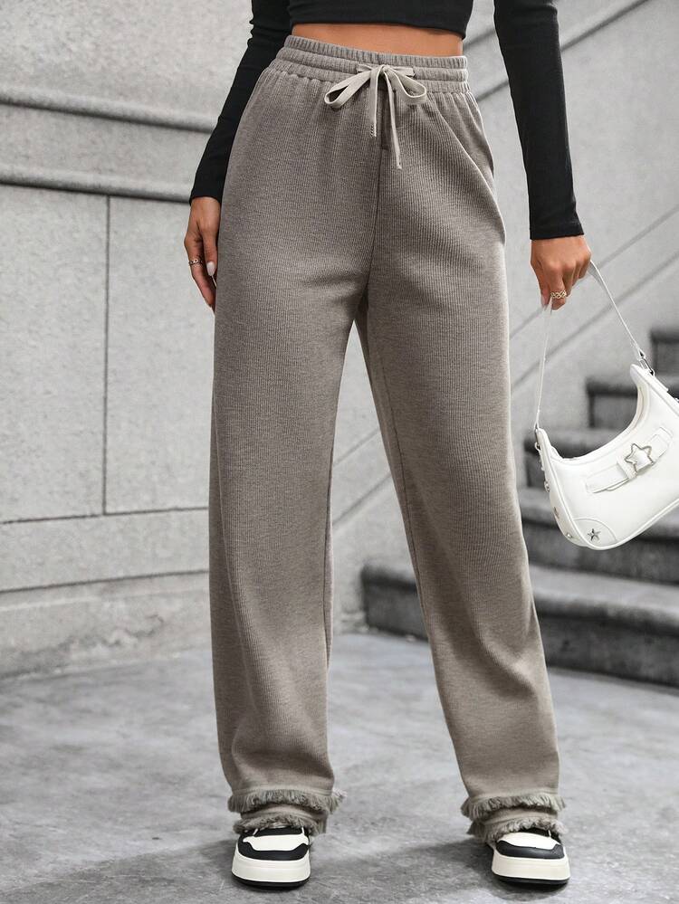 Women's Drawstring Waist Raw Edge Straight Pants