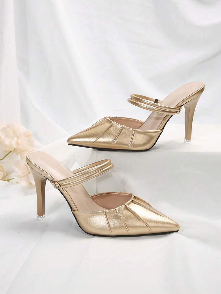 Décolleté con tacco alto stile francese per donna, nuovi sandali eleganti con punta a punta e cinturino con paillettes color oro adatti per l'estate, design sexy adatto per casual, appuntamenti, pendolarismo, feste aziendali, eventi, eleganti, mules - Dorato - Visualizzare 8